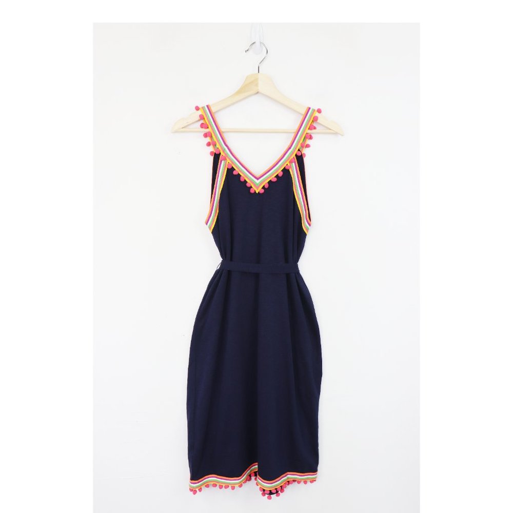 NWT Boden Pom Pom Trim Jersey V-Neck Dress Sleeveless Woven Stripe Navy Marine 8 - Picture 8 of 9